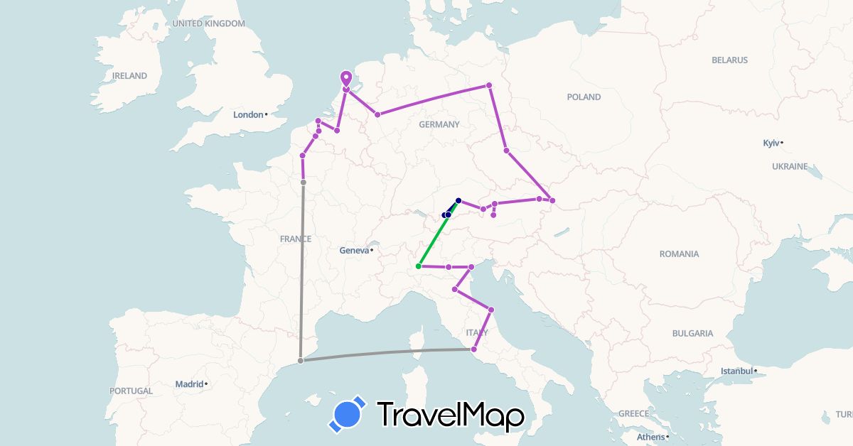 TravelMap itinerary: driving, bus, plane, train in Austria, Belgium, Czech Republic, Germany, Spain, France, Italy, Netherlands, Slovakia (Europe)